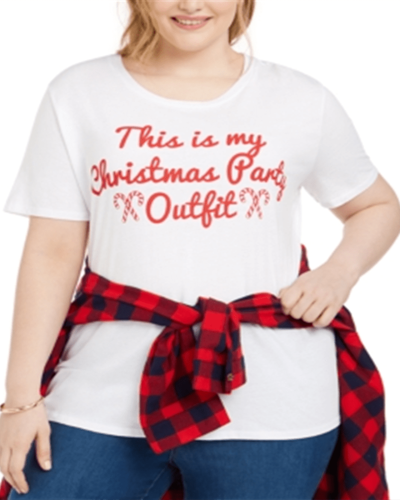 Front of a model wearing a size 1X Love Tribe Women's Trendy Plus Party Outfit Graphic Print T-Shirt White Size 1X in White by Love Tribe. | dia_product_style_image_id:313838
